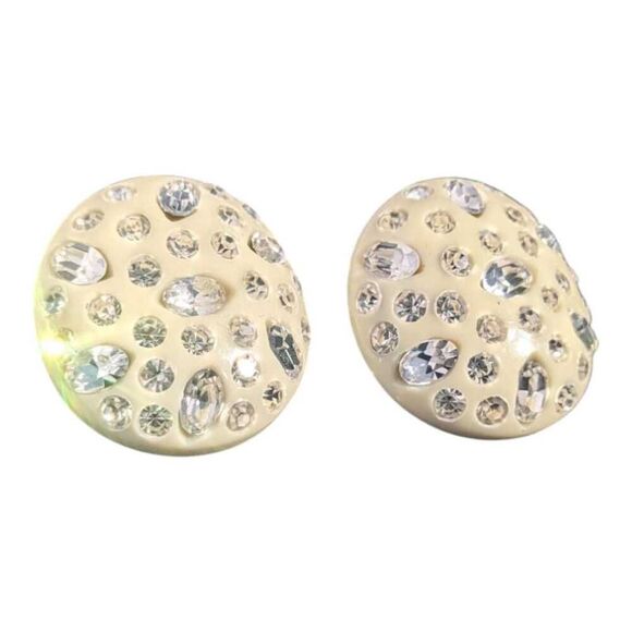 Weiss Earrings Clip On Rhinestone Cream Thermoplastic Celluloid Vintage - Picture 1 of 4